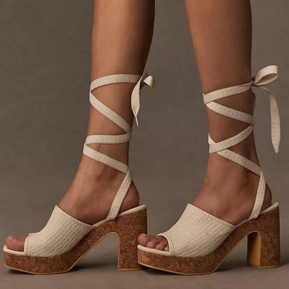 Anthropologie Cream Sandals with Cork Heel